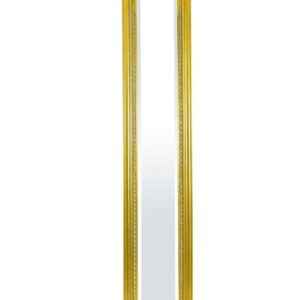 Úzke nástenné zrkadlo so zlatým ozdobným rámom