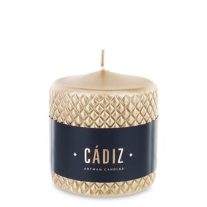 Zlatá sviečka Cadiz malý valec priemer 9 cm