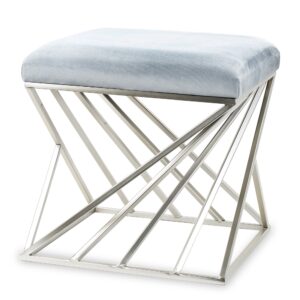 Glamour strieborná taburetka so šedomodrým zamatom